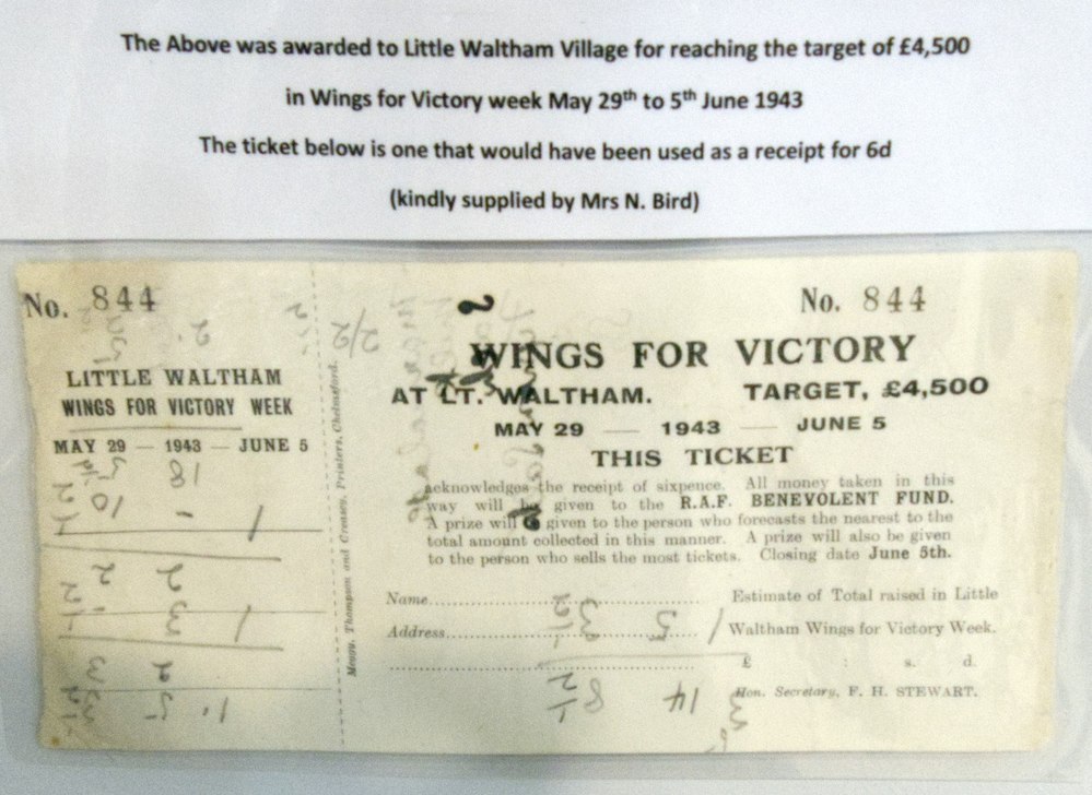 Little Waltham Wings for Victory ticket number 844, dated 29 May to 5 June 1943, with a £4,500 target and a sixpenny receipt