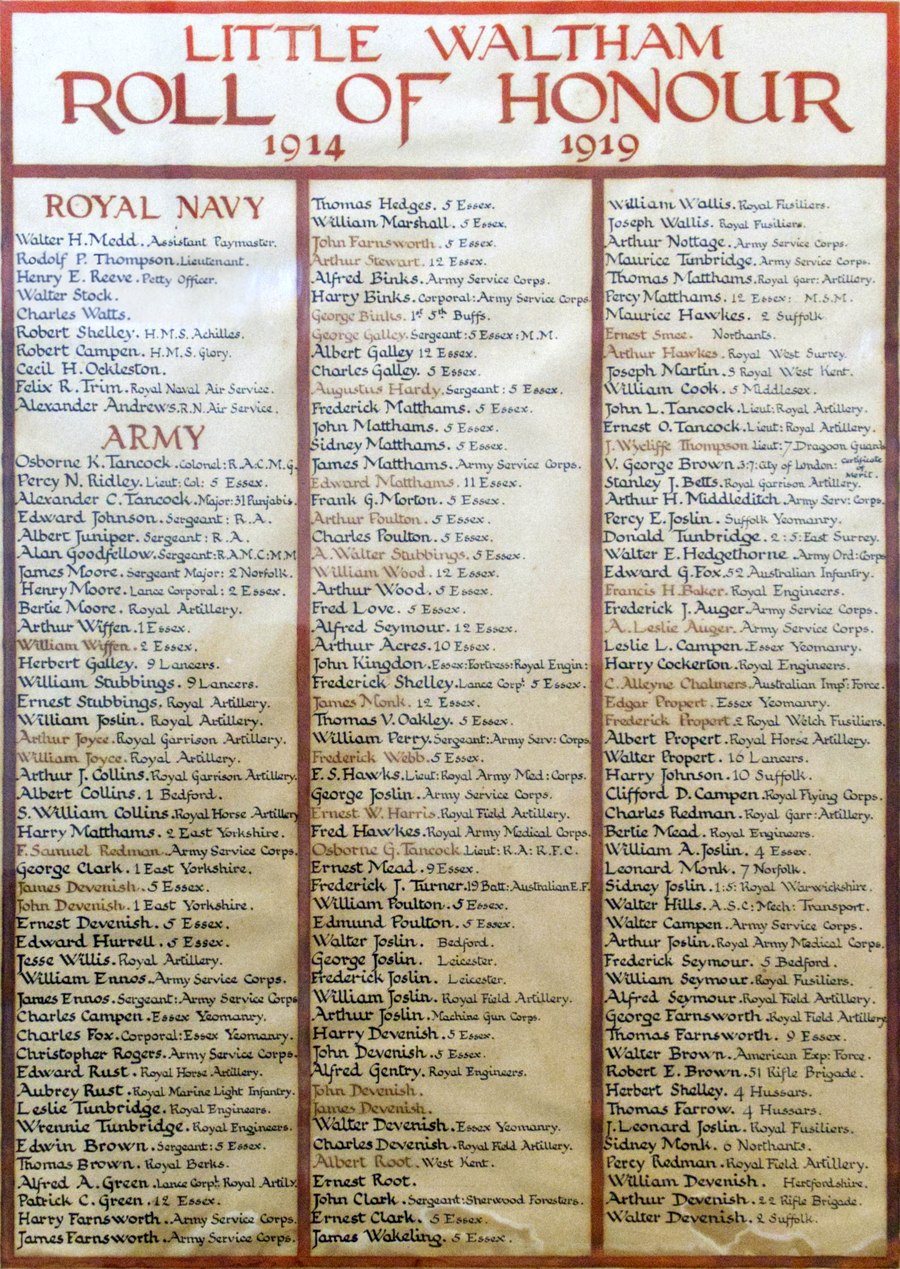 Little Waltham Roll of Honour, 1914–1918, listing those who served in the Royal Navy and Army